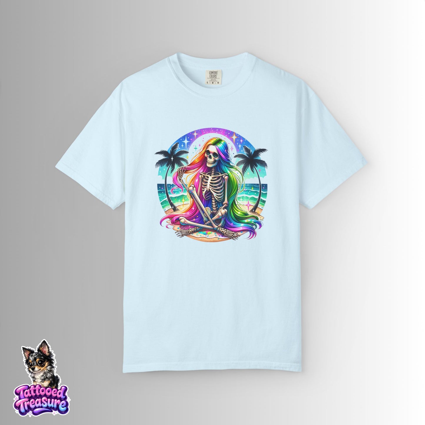 Rainbow Skeleton Beach T-Shirt — Neon Day of the Dead Surf Tee