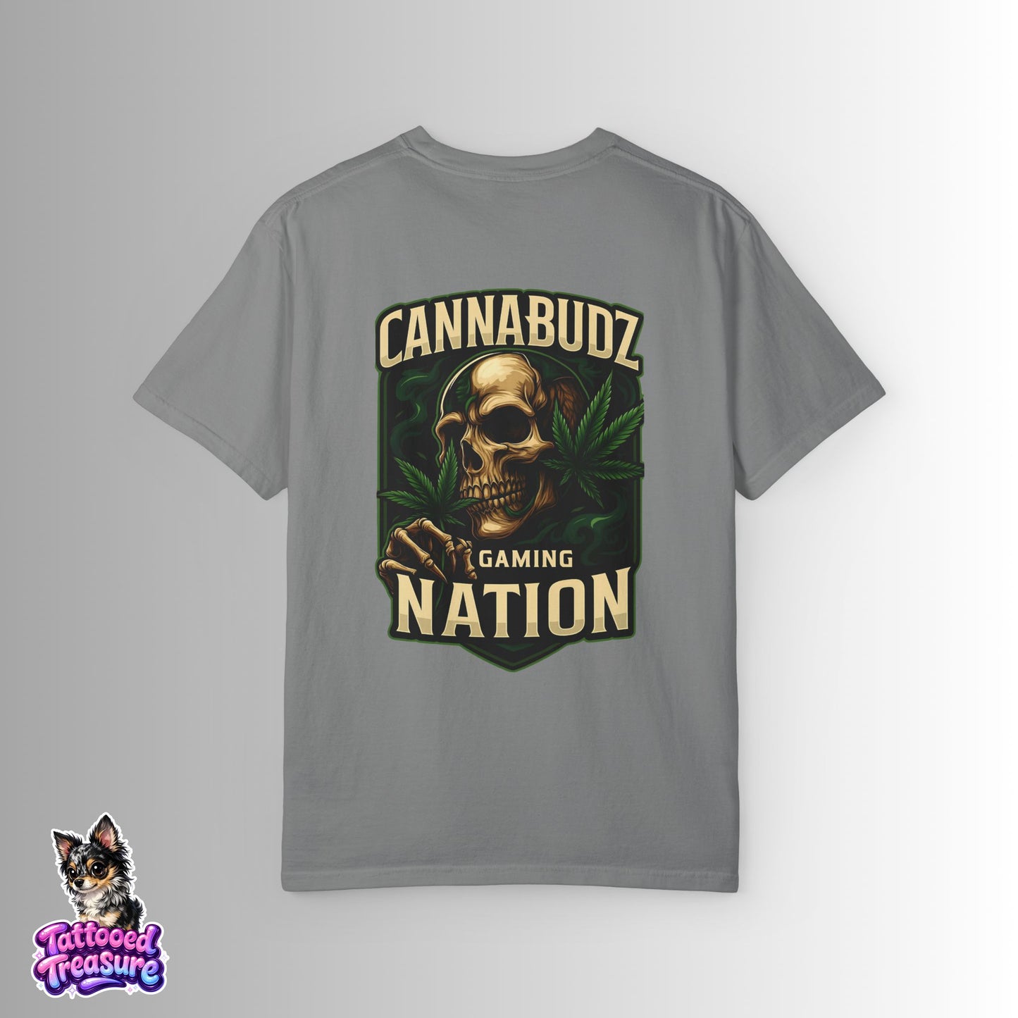 Cannabudz Nation T-Shirt Back— Skull & Cannabis Gaming Tee