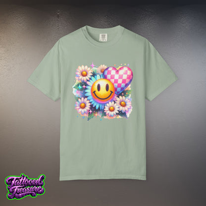 Happy Heart Smiley T-Shirt — Floral Checkerboard Graphic Tee