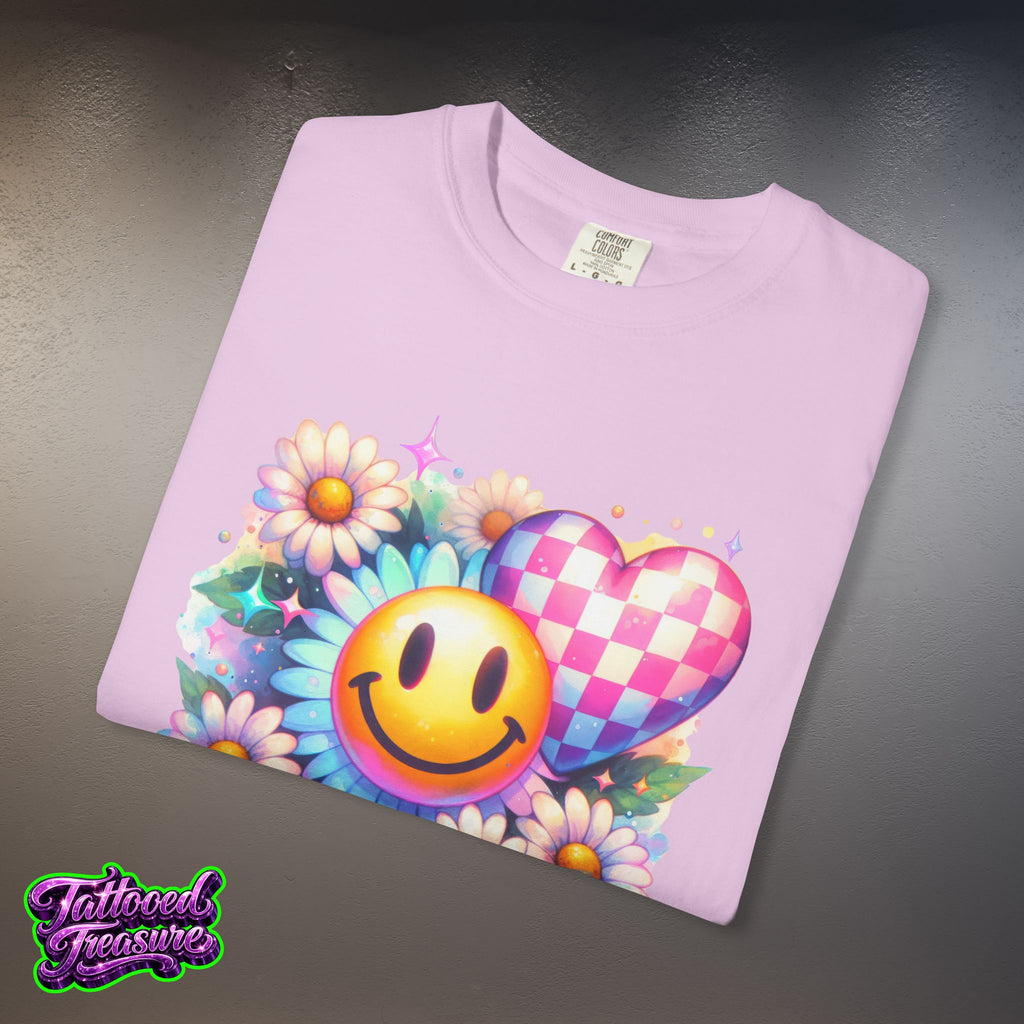 Happy Heart Smiley T-Shirt — Floral Checkerboard Graphic Tee