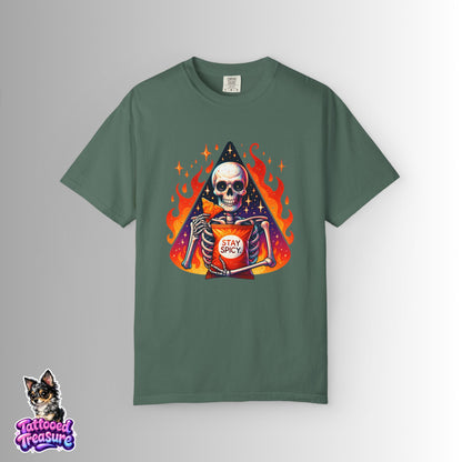 Stay Spicy Skull T-Shirt — Skeleton Holding Hot Sauce Graphic Tee