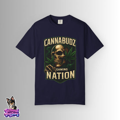 Cannabudz Gaming Nation T-Shirt Front — Skull & Cannabis Gamer Tee