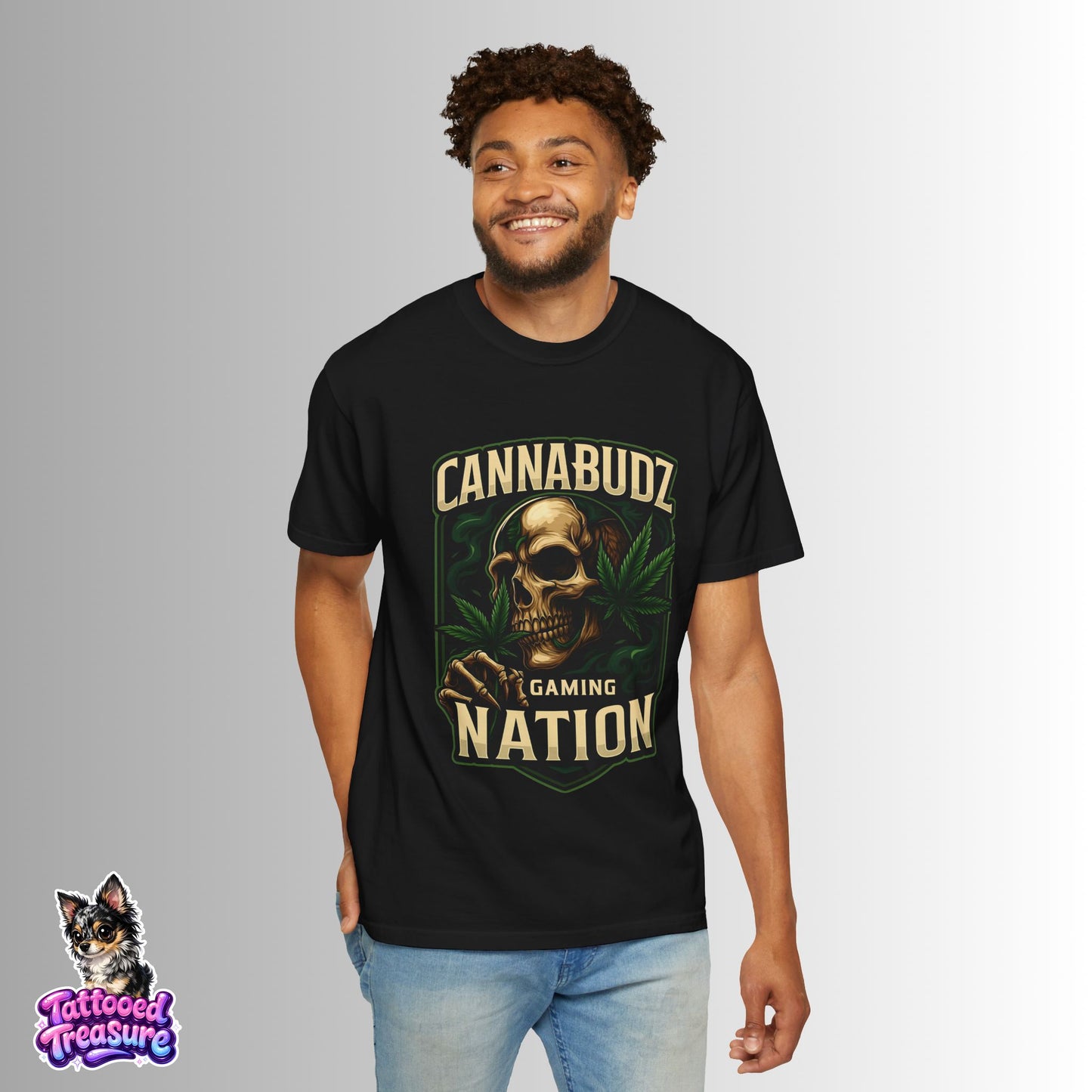 Cannabudz Gaming Nation T-Shirt Front — Skull & Cannabis Gamer Tee