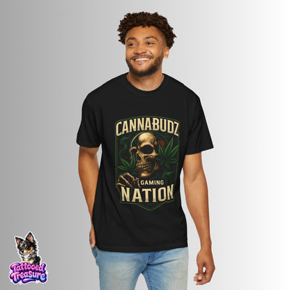 Cannabudz Gaming Nation T-Shirt Front — Skull & Cannabis Gamer Tee