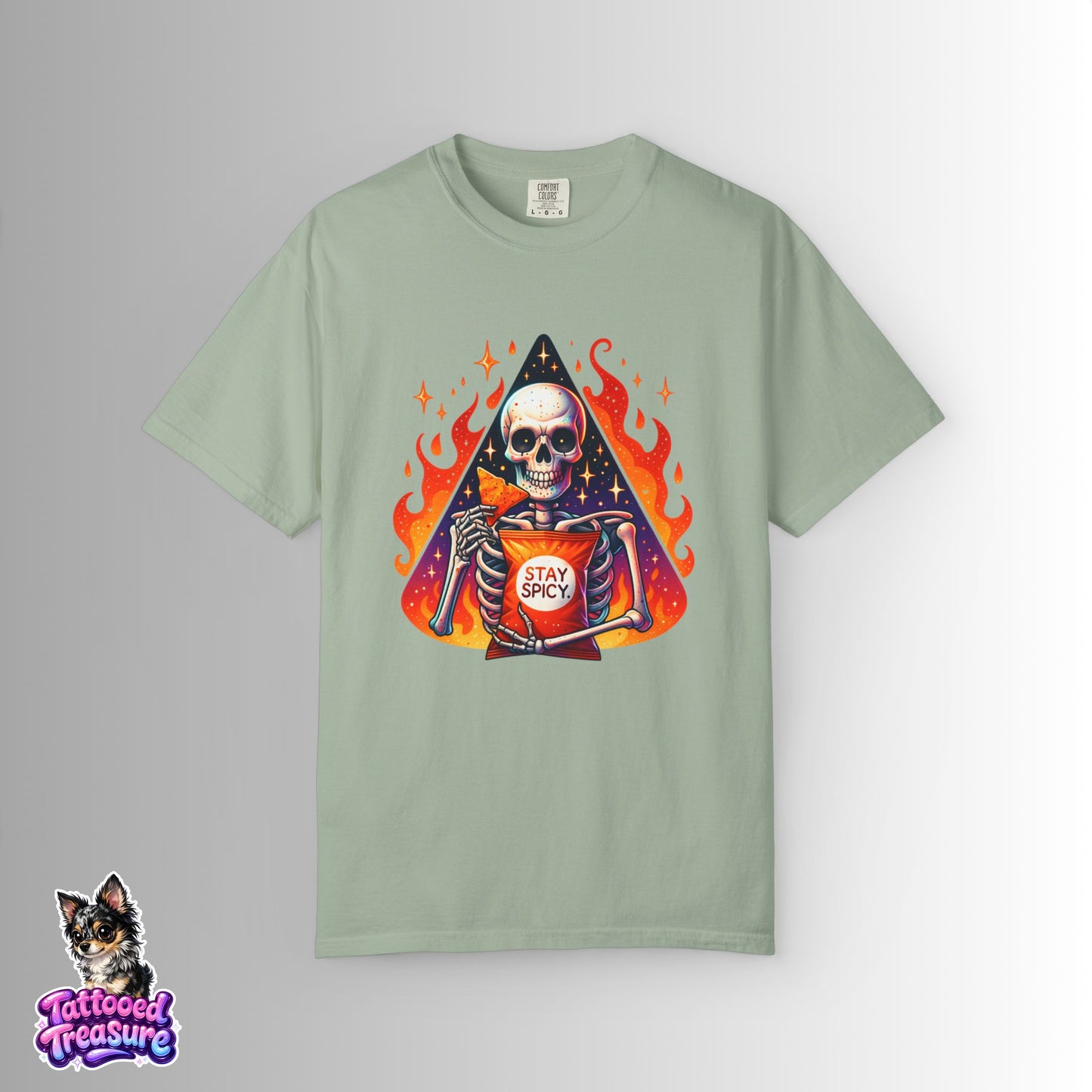 Stay Spicy Skull T-Shirt — Skeleton Holding Hot Sauce Graphic Tee