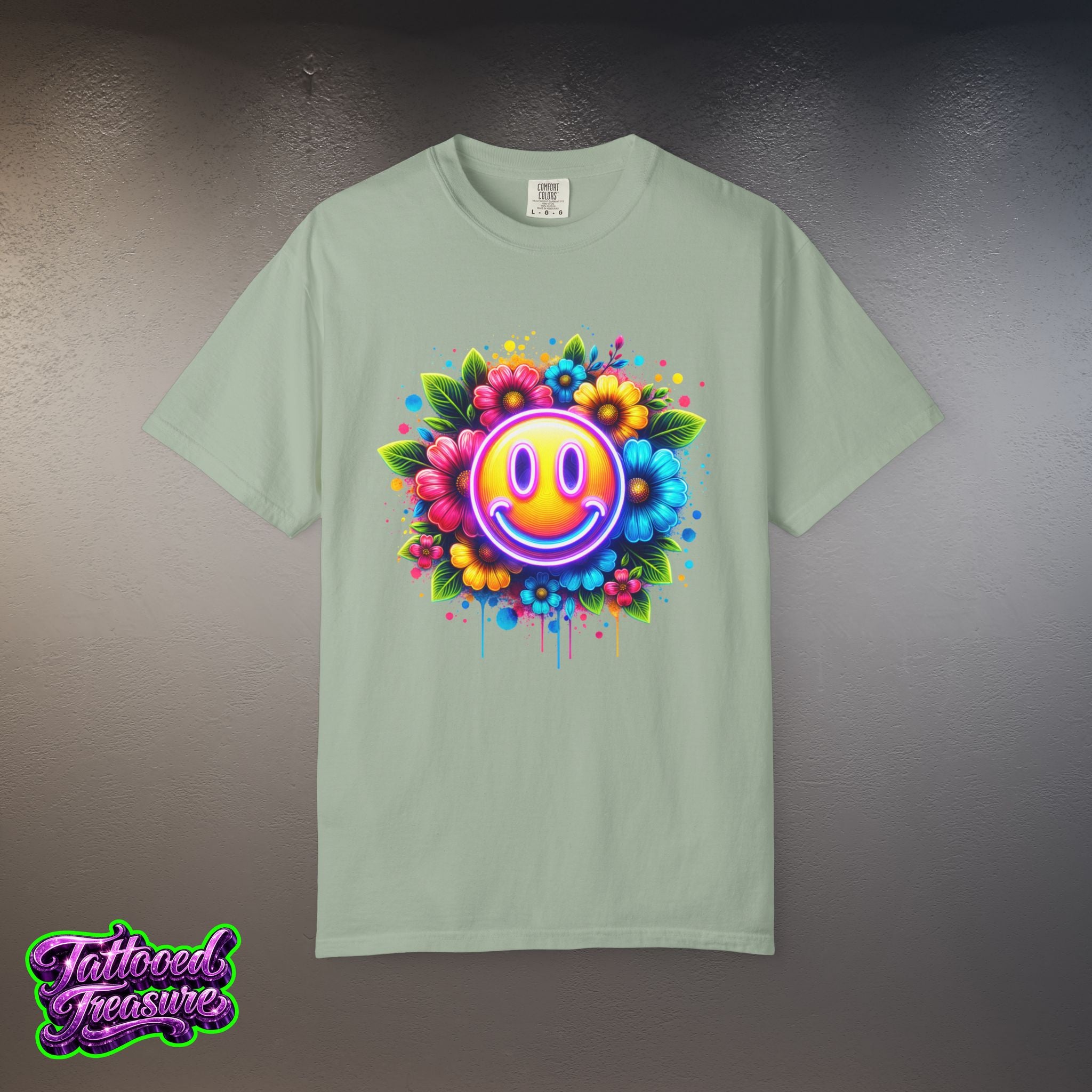 Smiley Flower T-Shirt — Colorful Neon Floral Smile Graphic Tee
