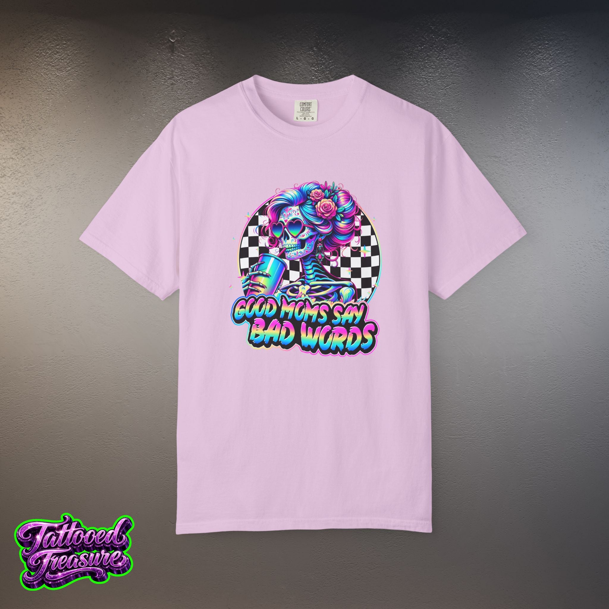 Bad Words Skull Tee — “Good Moms Say Bad Words” Retro Checkerboard T-Shirt