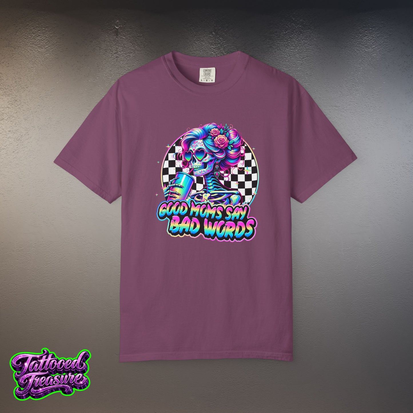 Bad Words Skull Tee — “Good Moms Say Bad Words” Retro Checkerboard T-Shirt