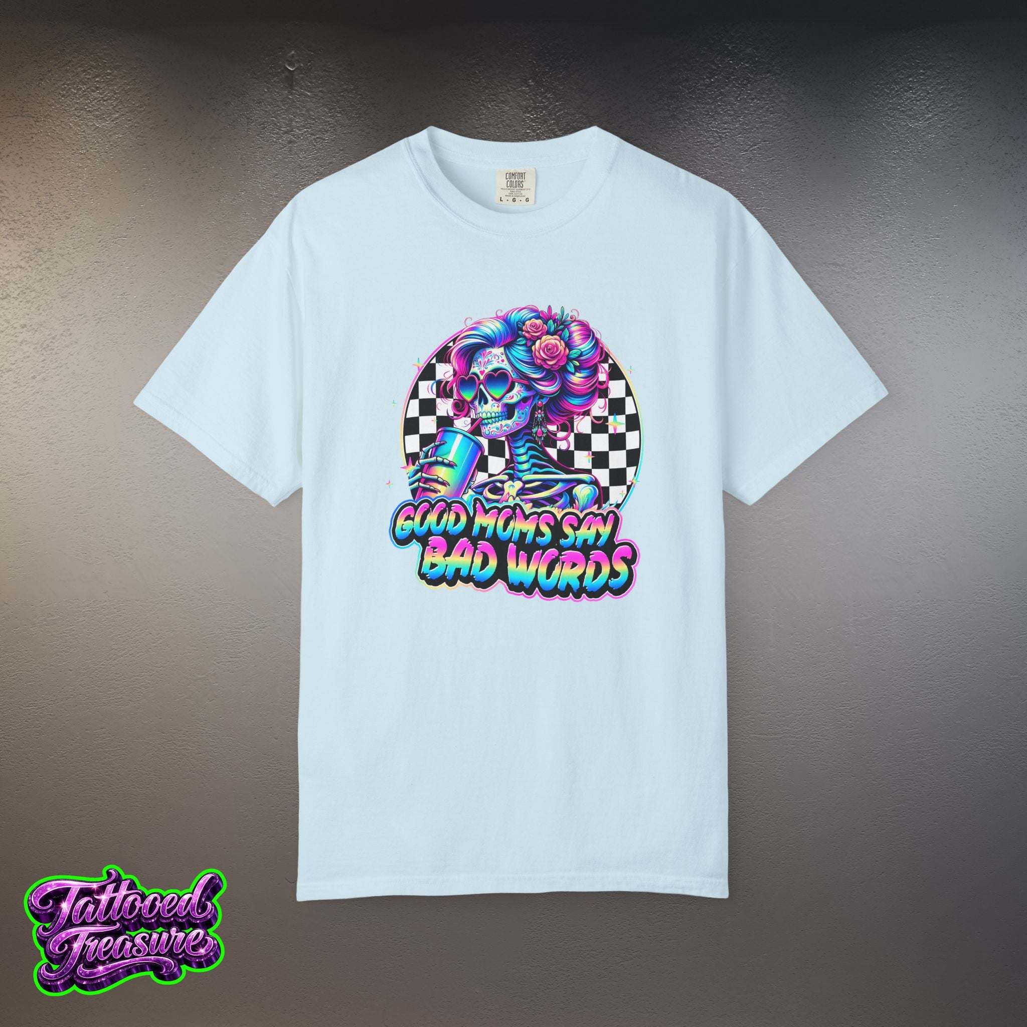Bad Words Skull Tee — “Good Moms Say Bad Words” Retro Checkerboard T-Shirt