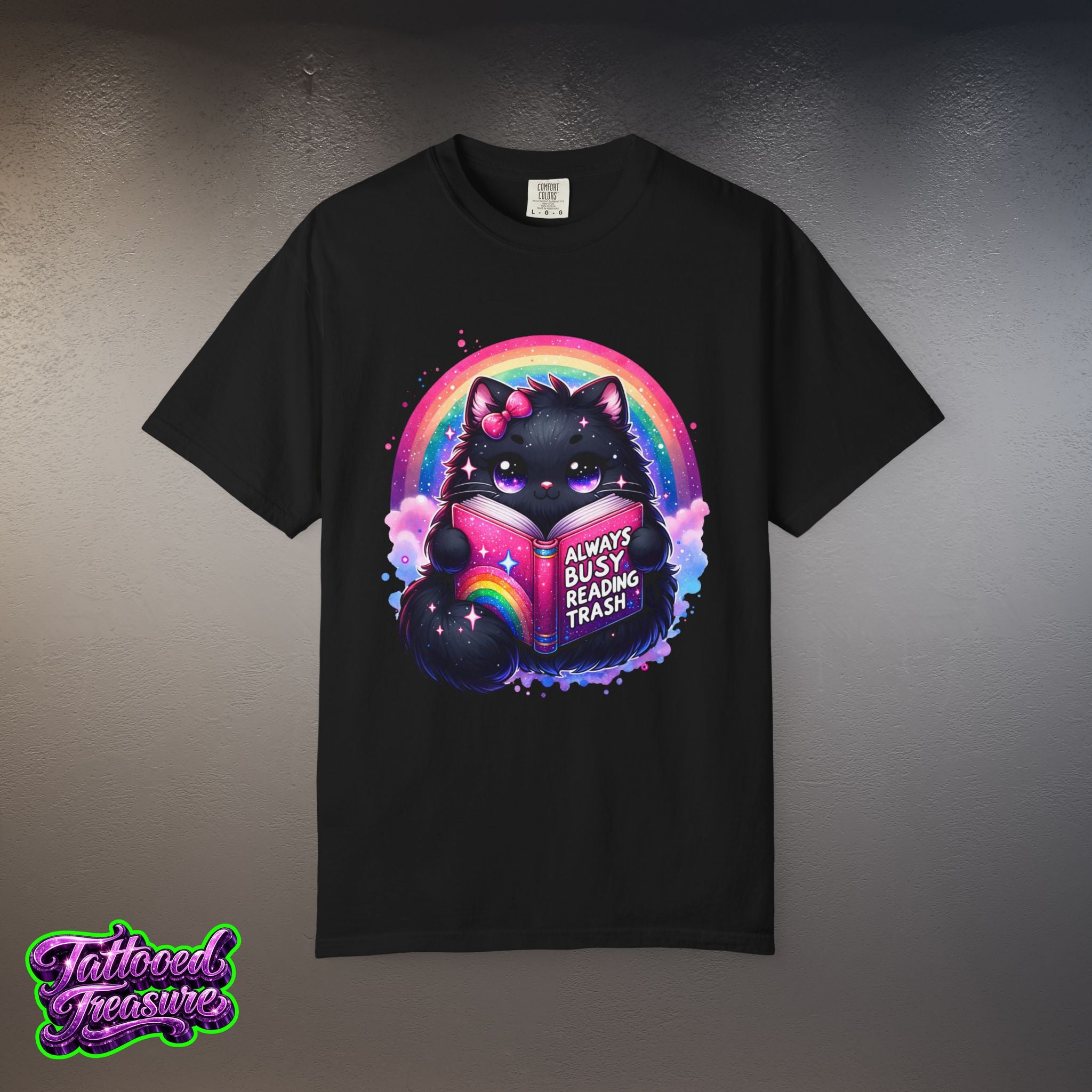 Cat Reading T-Shirt — "Always Busy Reading Trash" Cute Black Cat Rainbow Tee