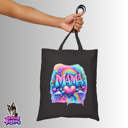 Mama Rainbow Heart Tote — Colorful Mama Canvas Tote Bag for Mother’s Day