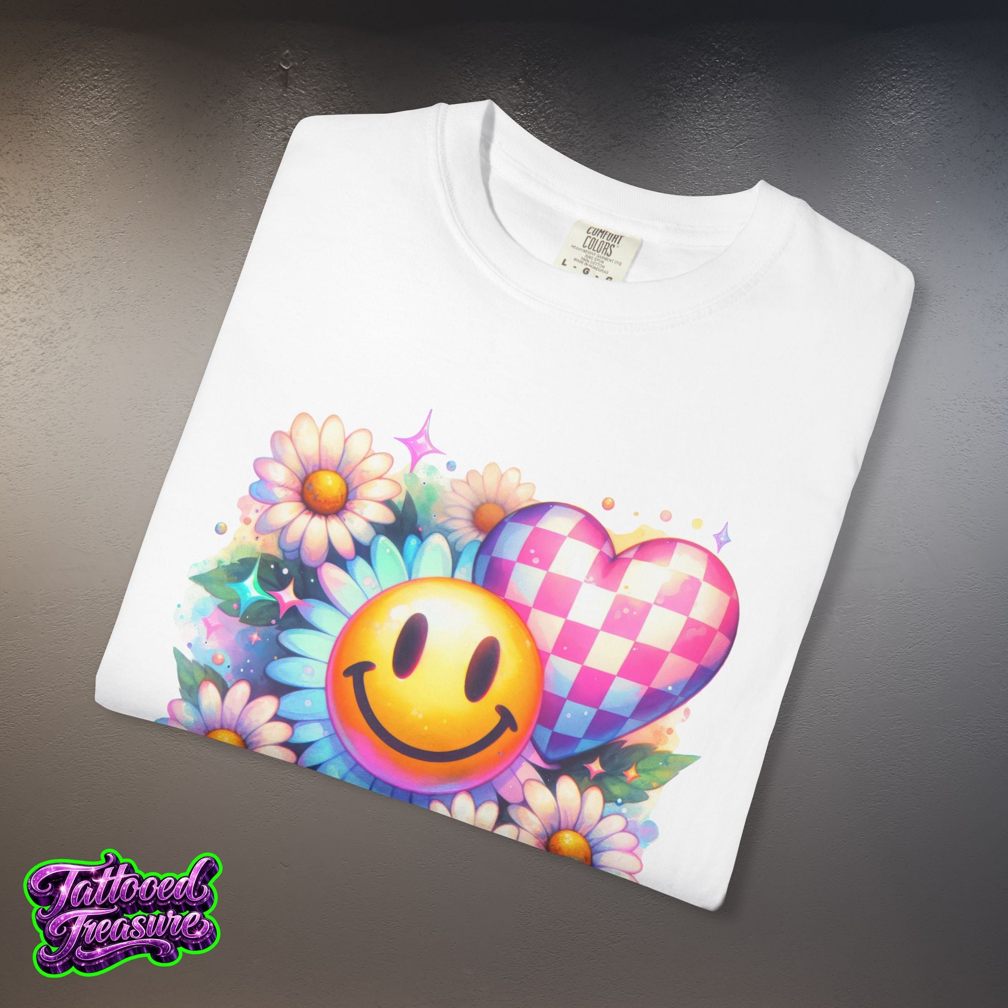 Happy Heart Smiley T-Shirt — Floral Checkerboard Graphic Tee