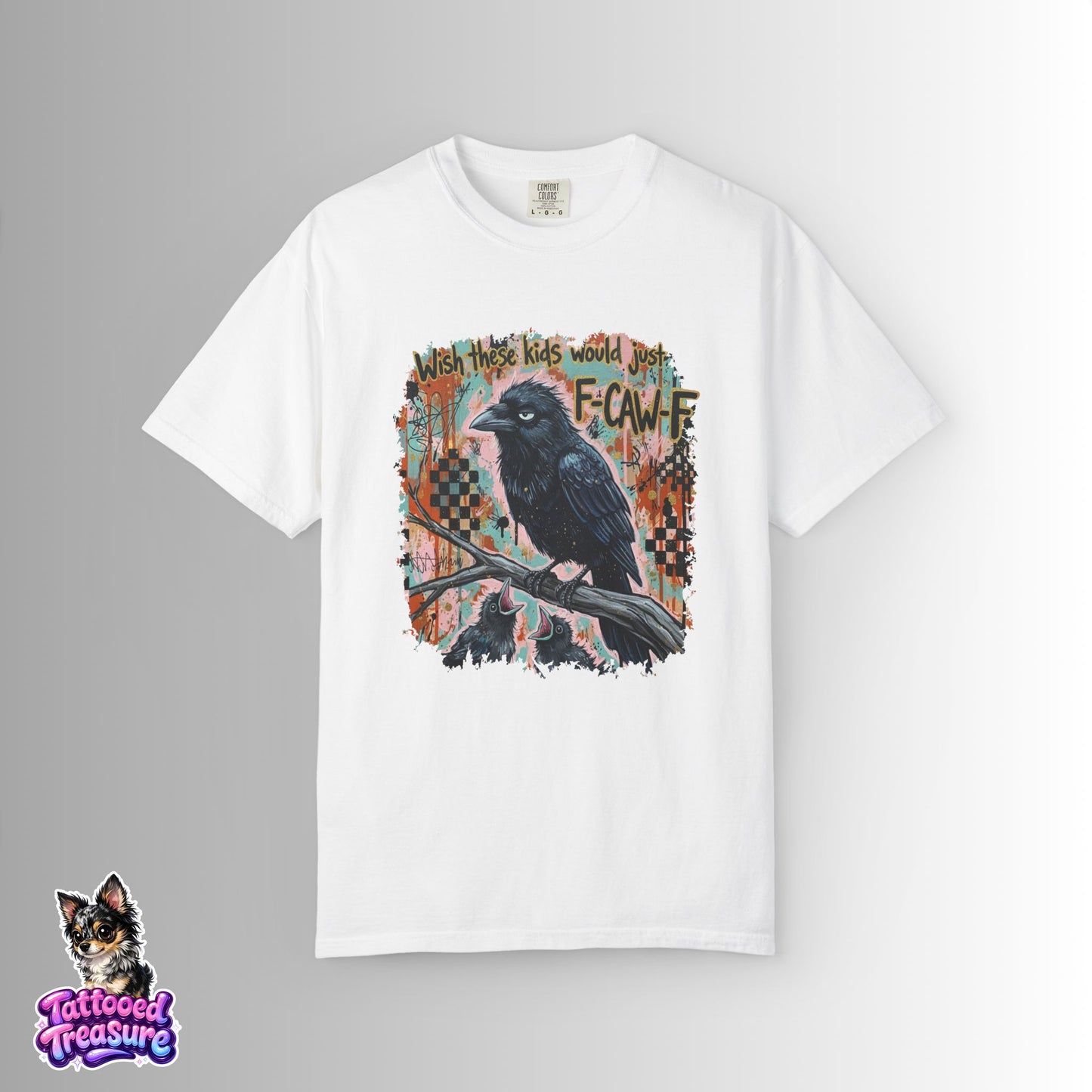 Raven Graphic T-Shirt — 'F-Cawf' Grunge Crow Tee