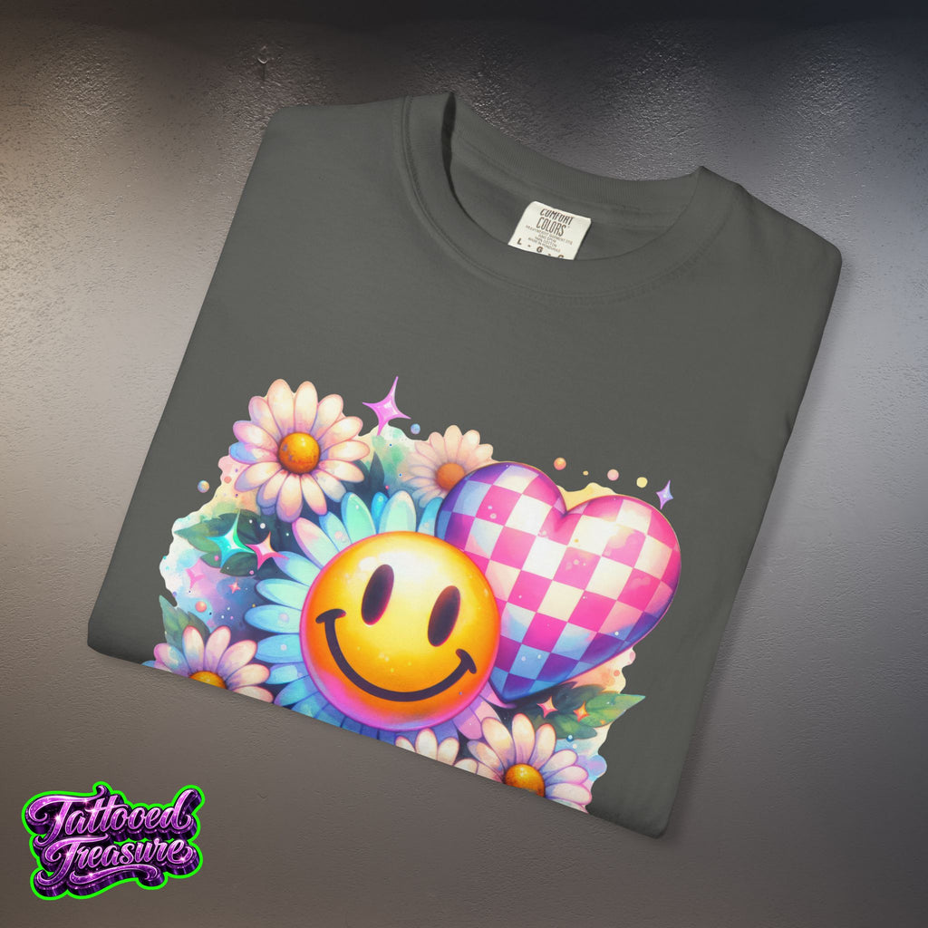 Happy Heart Smiley T-Shirt — Floral Checkerboard Graphic Tee