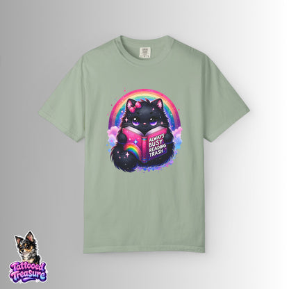 Cat Reading T-Shirt — "Always Busy Reading Trash" Cute Black Cat Rainbow Tee