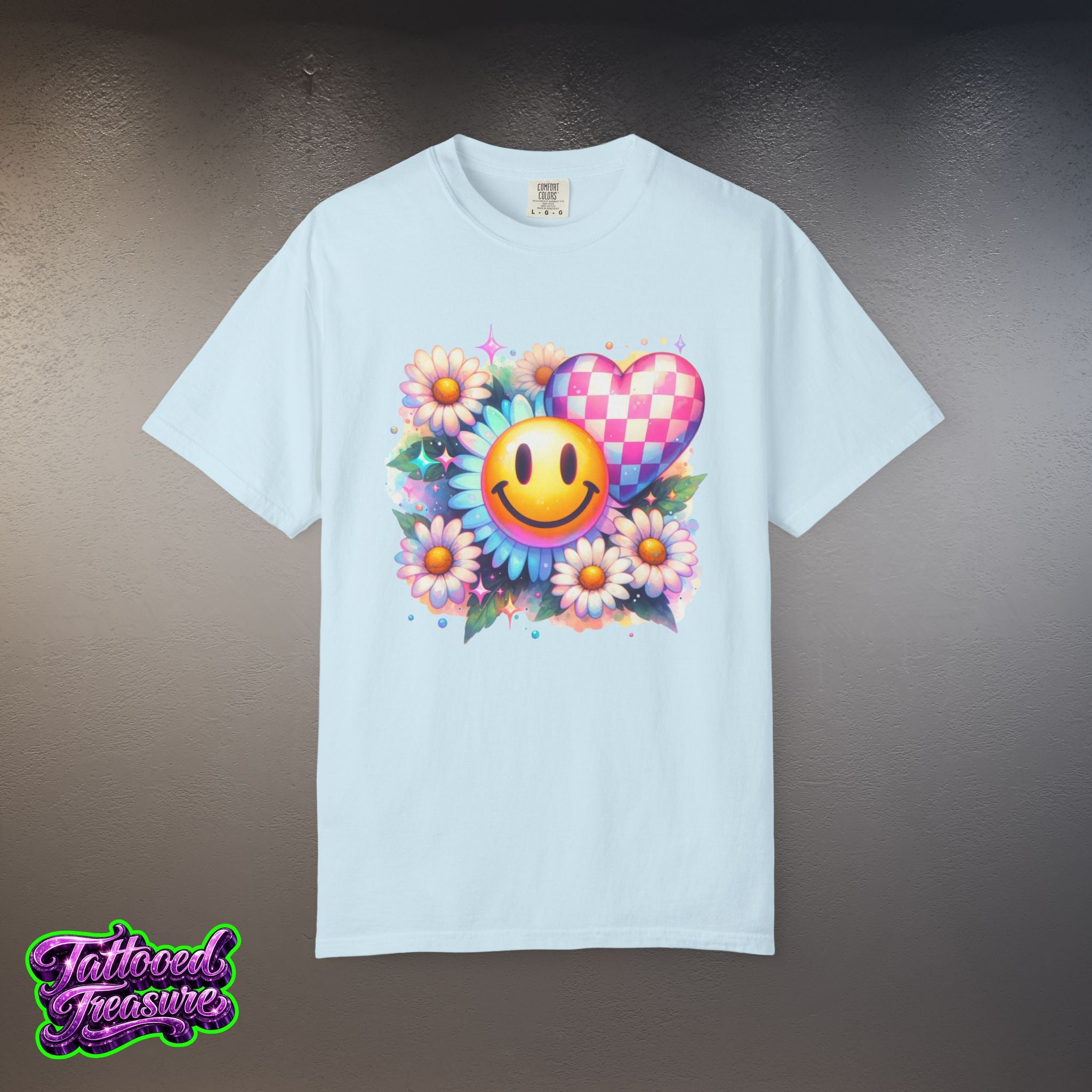 Happy Heart Smiley T-Shirt — Floral Checkerboard Graphic Tee