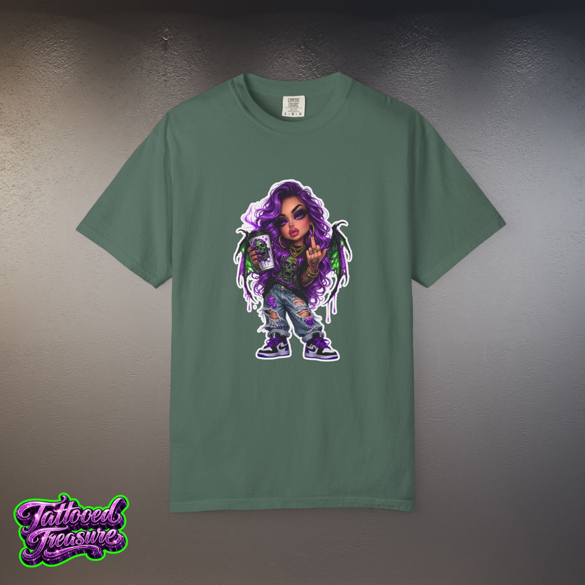 Demon Girl Streetwear T-Shirt — Purple Winged Tattooed Character Graphic