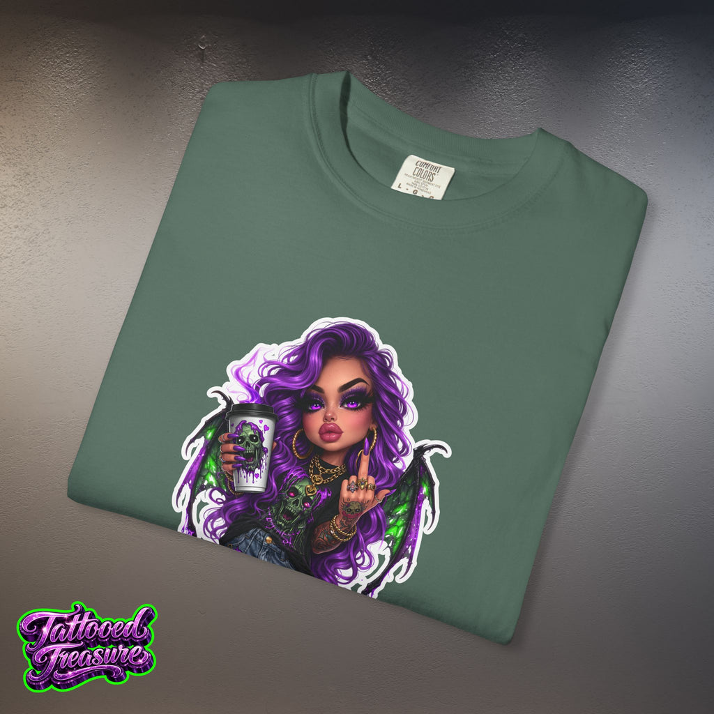 Demon Girl Streetwear T-Shirt — Purple Winged Tattooed Character Graphic