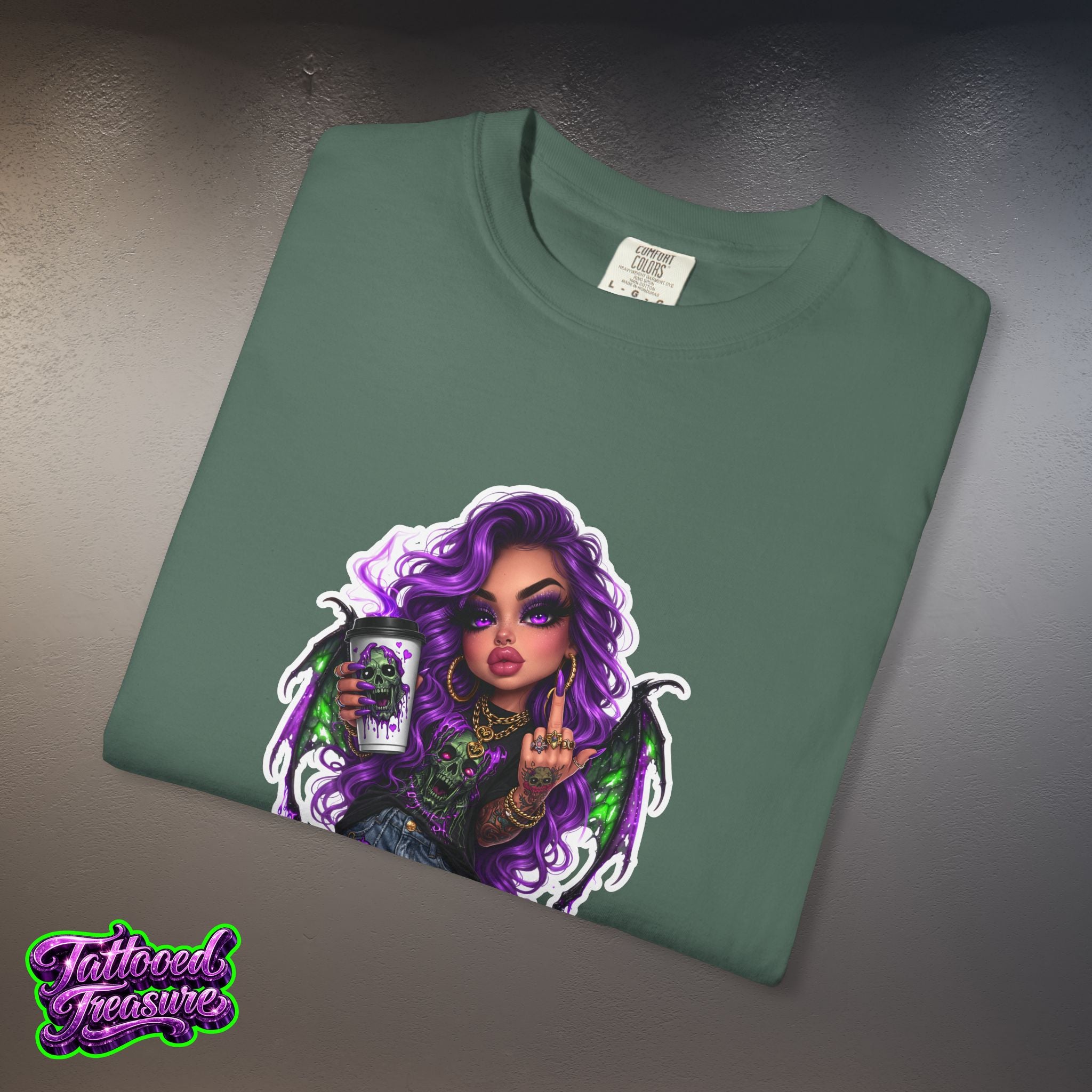 Demon Girl Streetwear T-Shirt — Purple Winged Tattooed Character Graphic