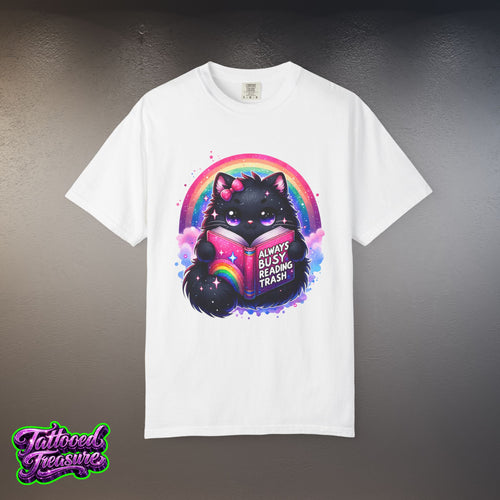 Cat Reading T-Shirt — "Always Busy Reading Trash" Cute Black Cat Rainbow Tee