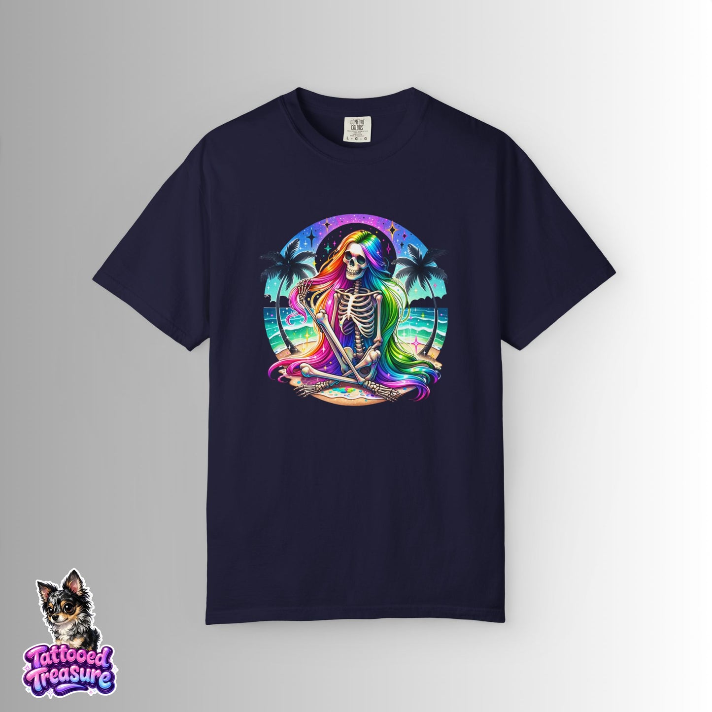 Rainbow Skeleton Beach T-Shirt — Neon Day of the Dead Surf Tee