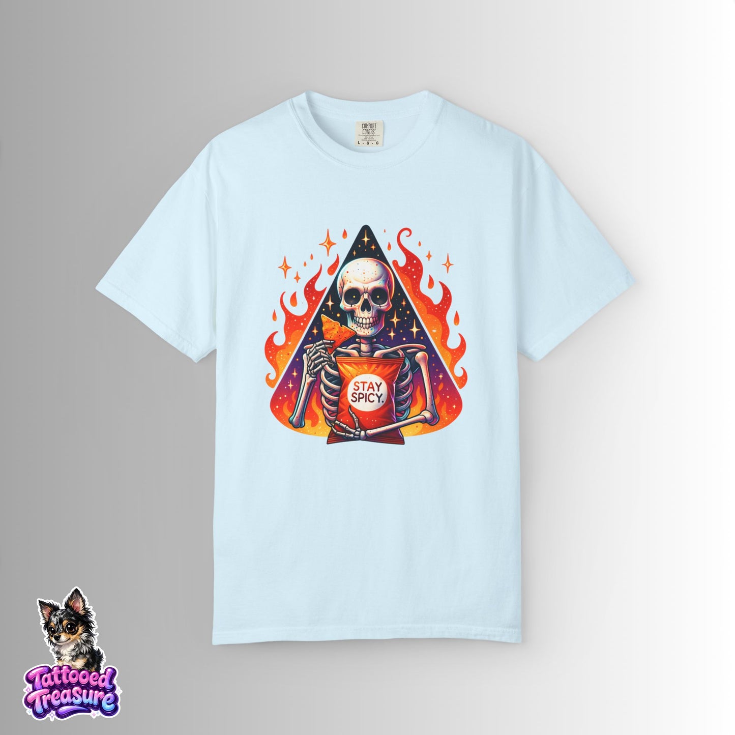 Stay Spicy Skull T-Shirt — Skeleton Holding Hot Sauce Graphic Tee