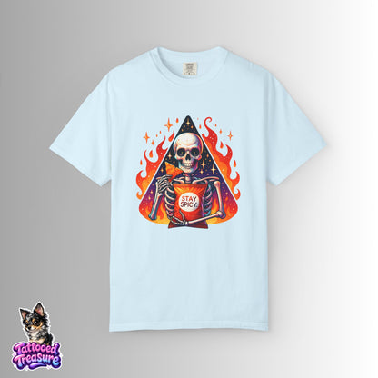 Stay Spicy Skull T-Shirt — Skeleton Holding Hot Sauce Graphic Tee