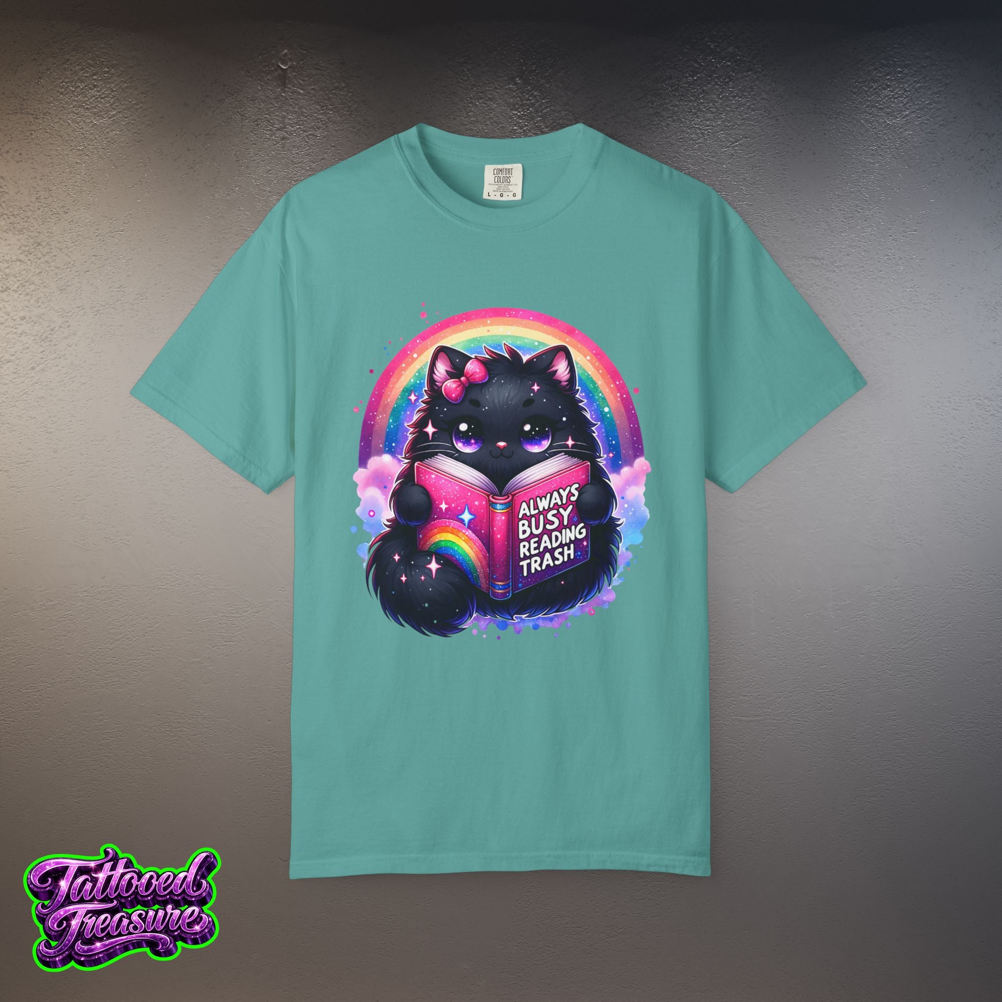 Cat Reading T-Shirt — "Always Busy Reading Trash" Cute Black Cat Rainbow Tee