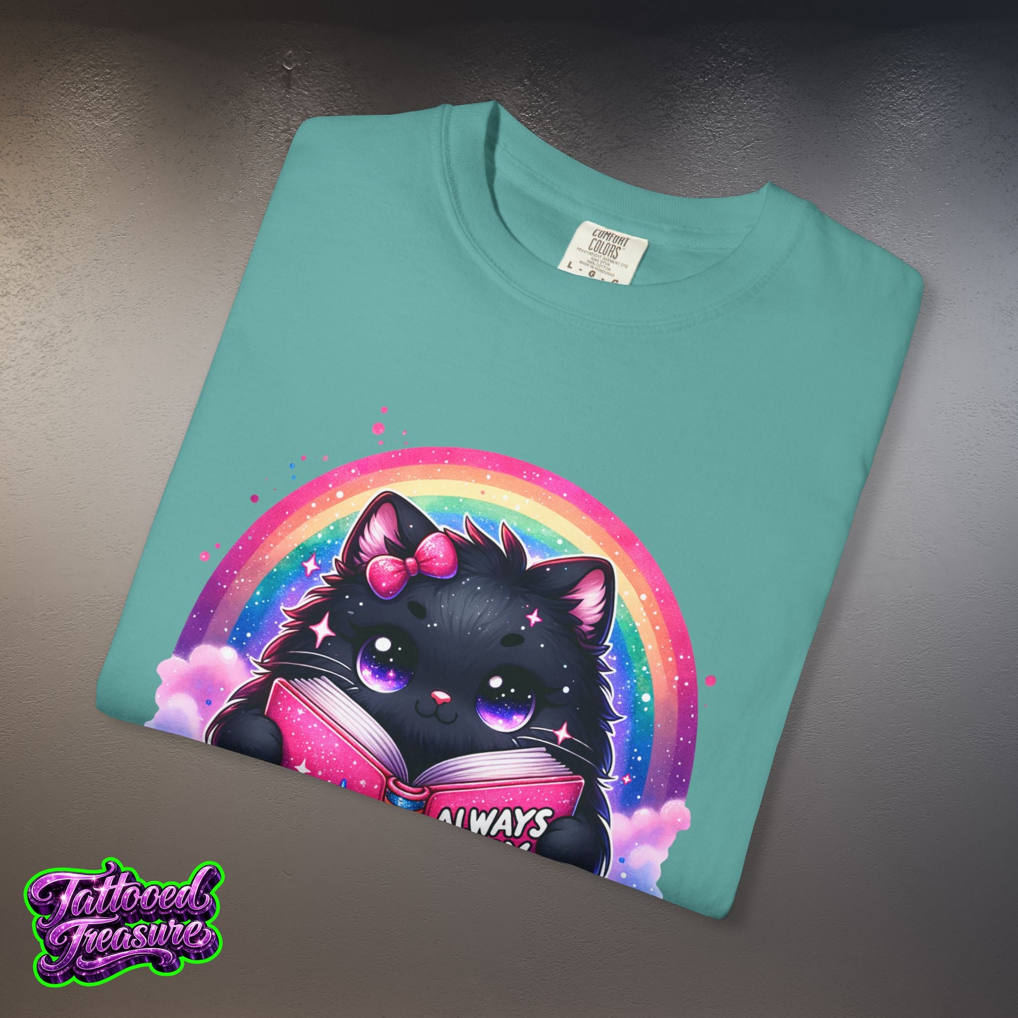 Cat Reading T-Shirt — "Always Busy Reading Trash" Cute Black Cat Rainbow Tee