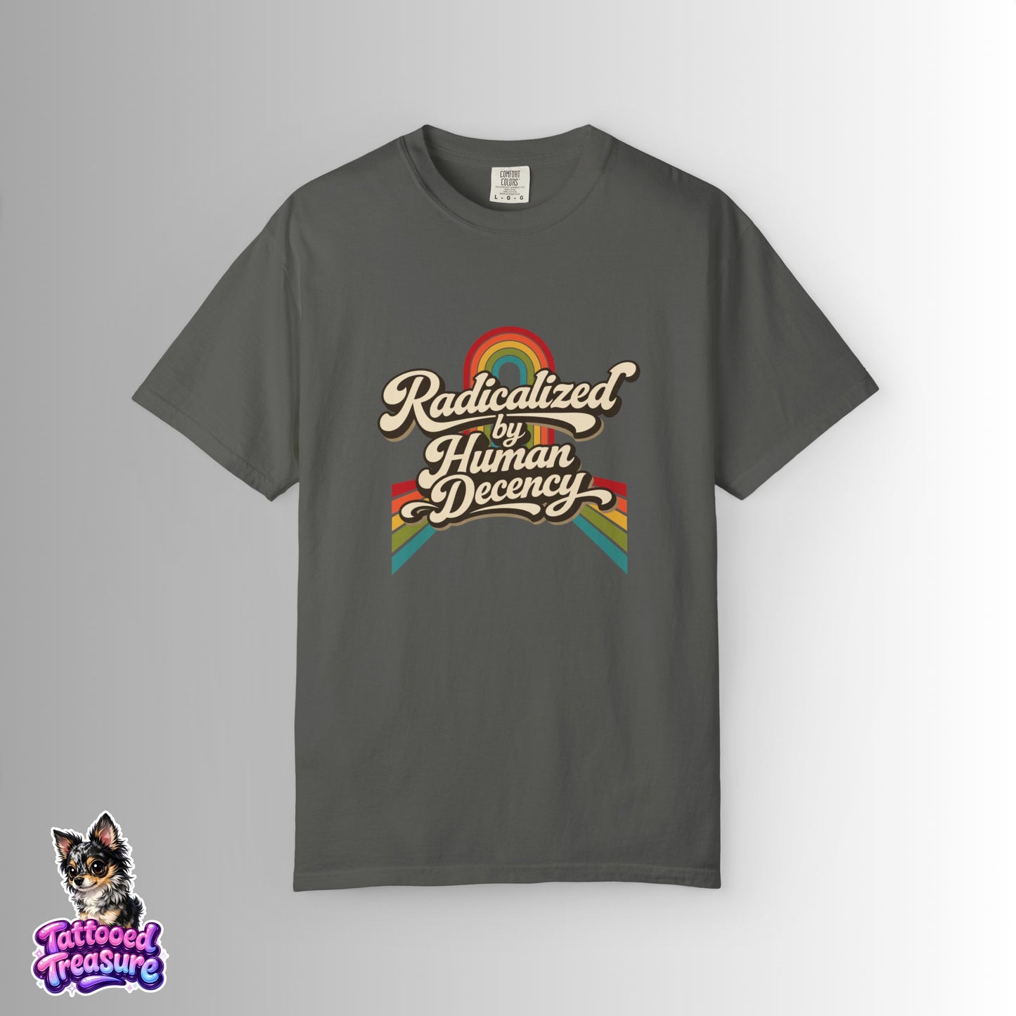 Radicalized by Human Decency T-Shirt — Retro Rainbow Tee