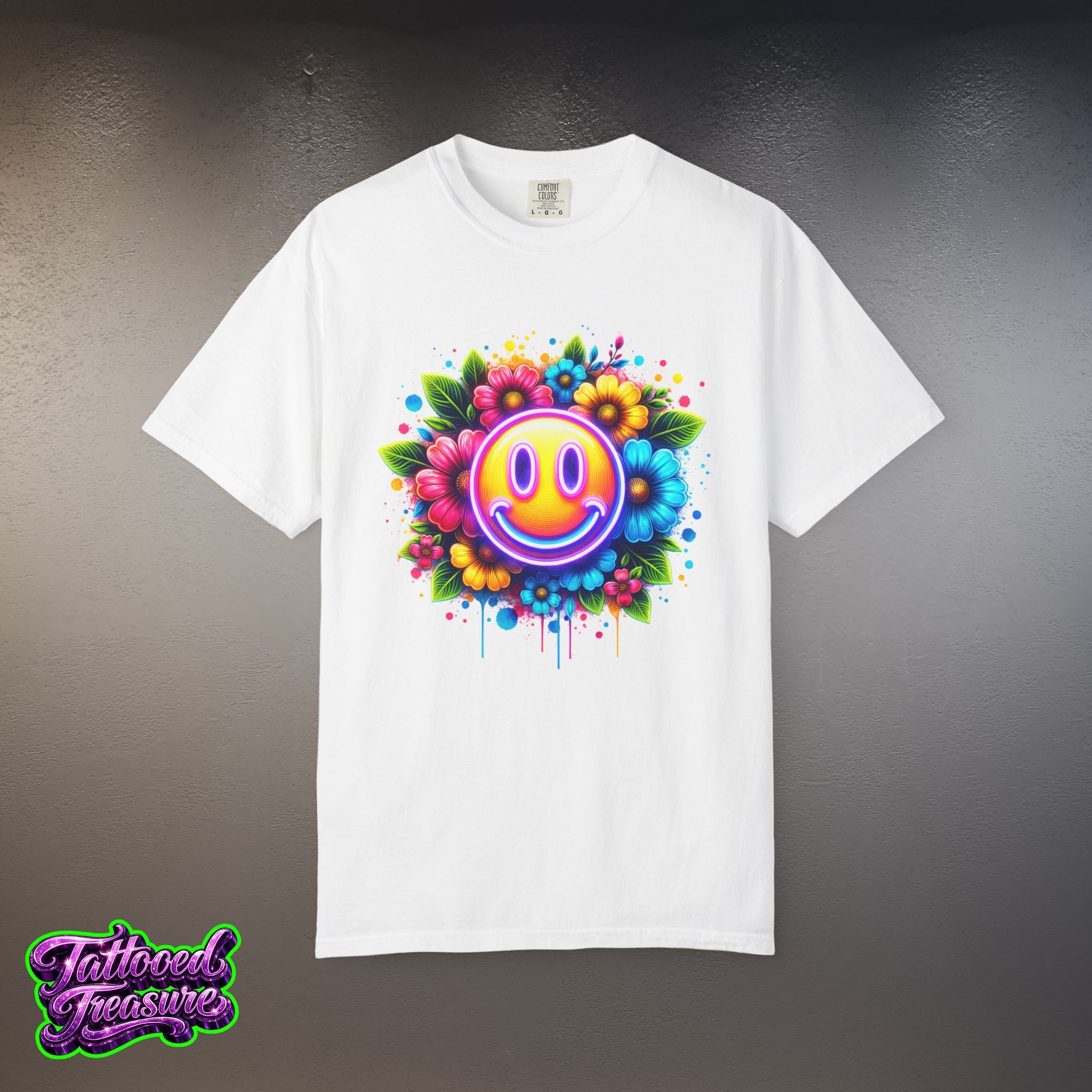 Smiley Flower T-Shirt — Colorful Neon Floral Smile Graphic Tee