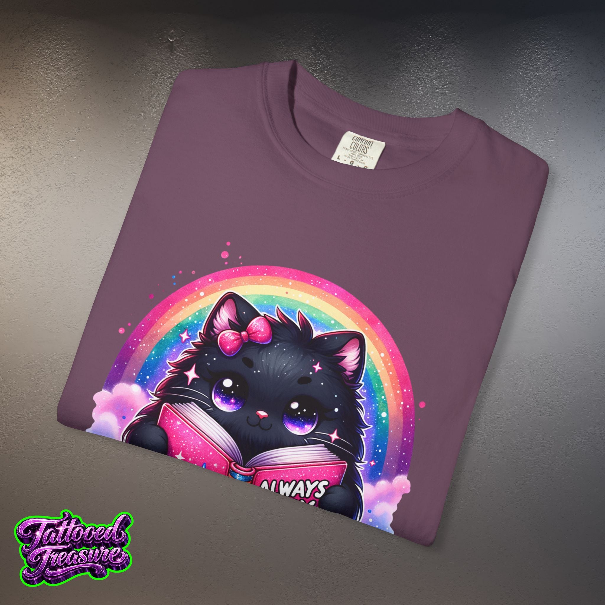 Cat Reading T-Shirt — "Always Busy Reading Trash" Cute Black Cat Rainbow Tee