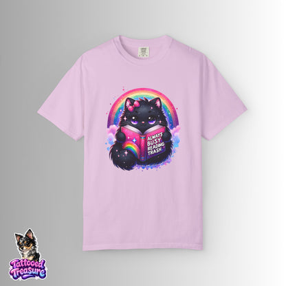 Cat Reading T-Shirt — "Always Busy Reading Trash" Cute Black Cat Rainbow Tee