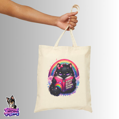 Black Cat Rainbow Tote Bag — "Always Busy Reading Trash" Canvas Tote