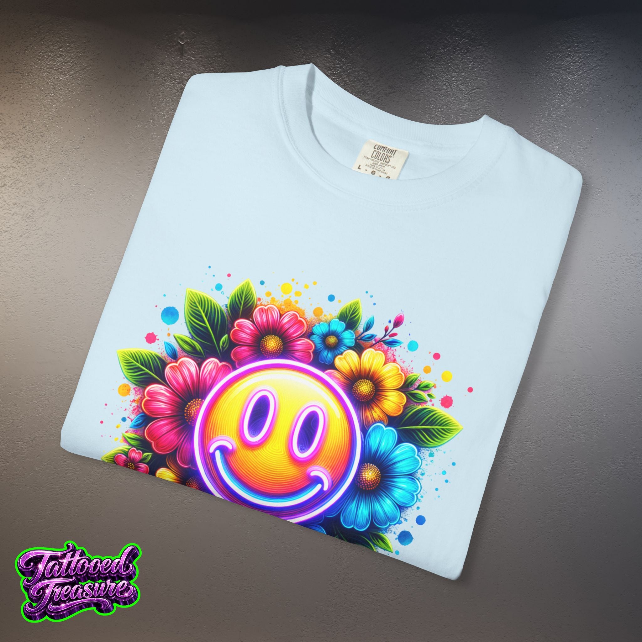 Smiley Flower T-Shirt — Colorful Neon Floral Smile Graphic Tee
