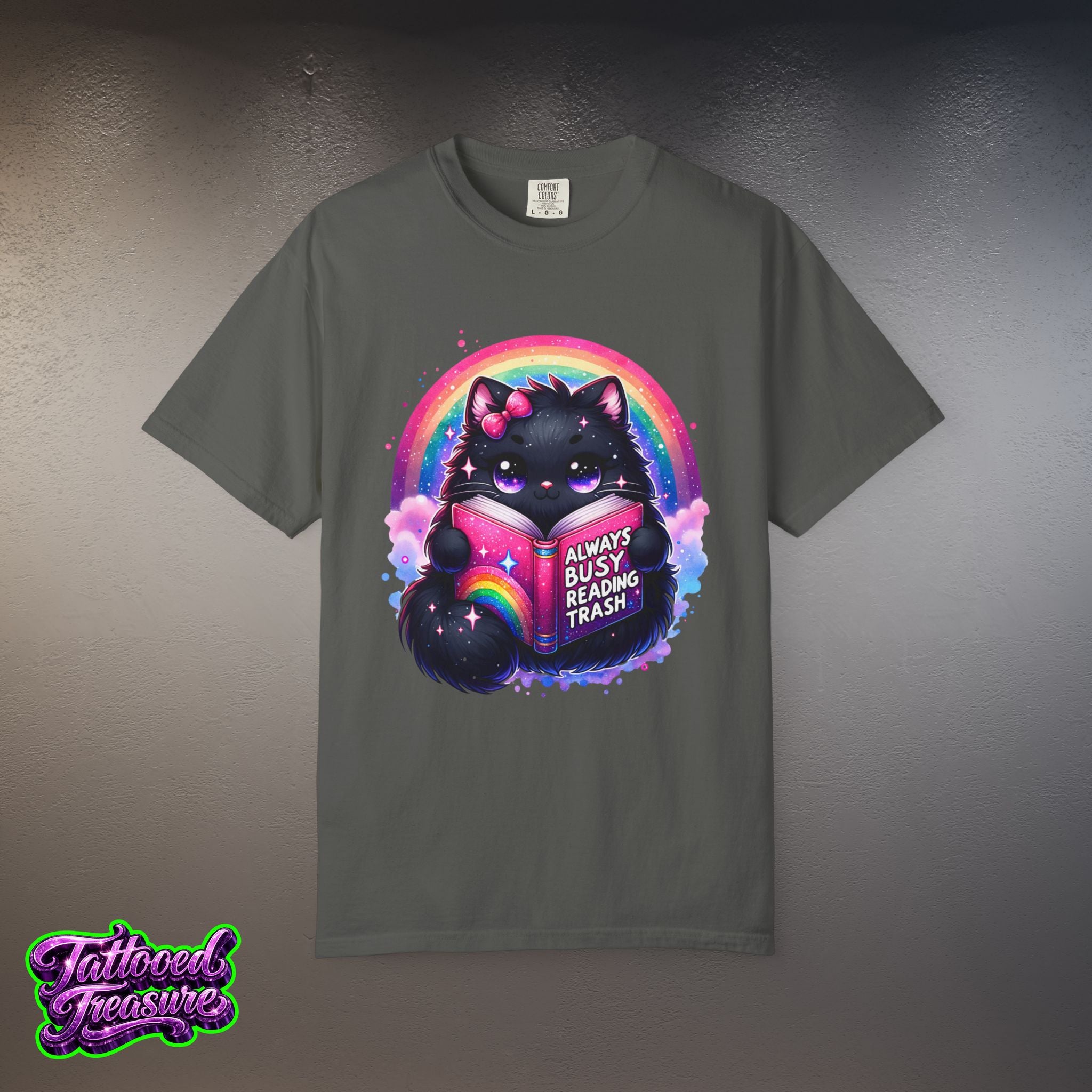 Cat Reading T-Shirt — "Always Busy Reading Trash" Cute Black Cat Rainbow Tee