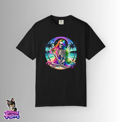 Rainbow Skeleton Beach T-Shirt — Neon Day of the Dead Surf Tee