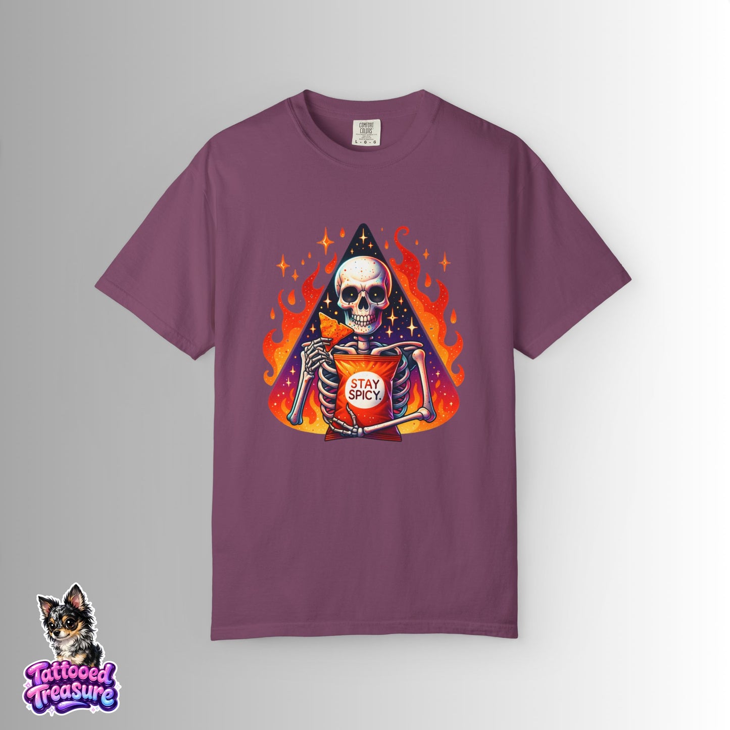Stay Spicy Skull T-Shirt — Skeleton Holding Hot Sauce Graphic Tee