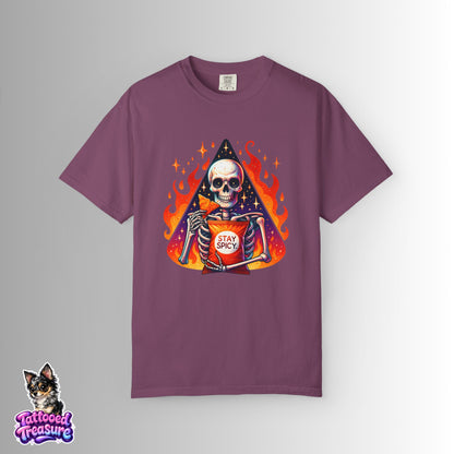 Stay Spicy Skull T-Shirt — Skeleton Holding Hot Sauce Graphic Tee