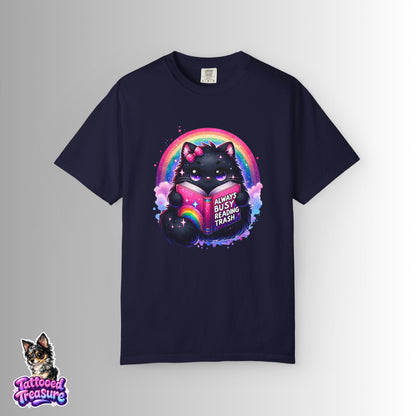 Cat Reading T-Shirt — "Always Busy Reading Trash" Cute Black Cat Rainbow Tee