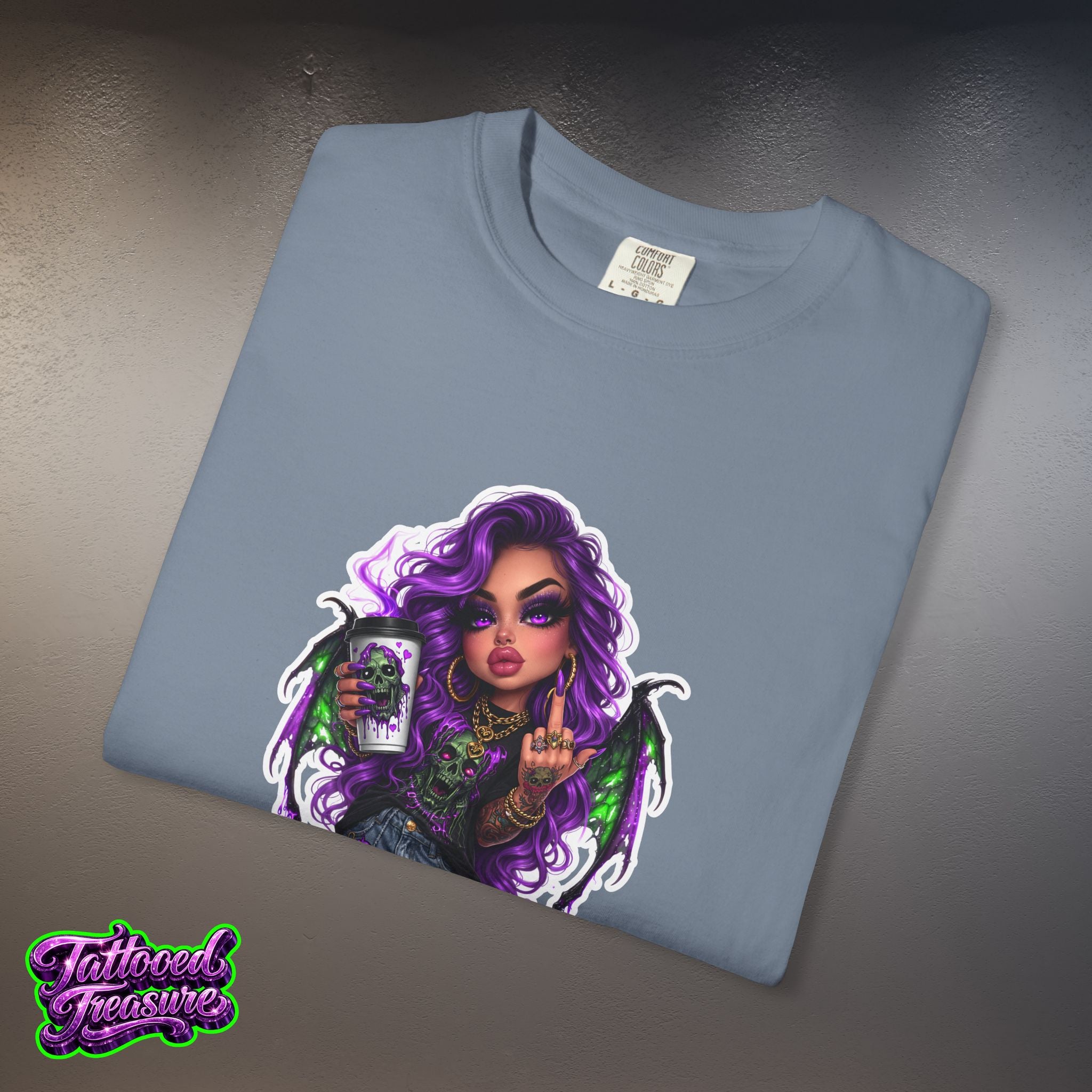 Demon Girl Streetwear T-Shirt — Purple Winged Tattooed Character Graphic