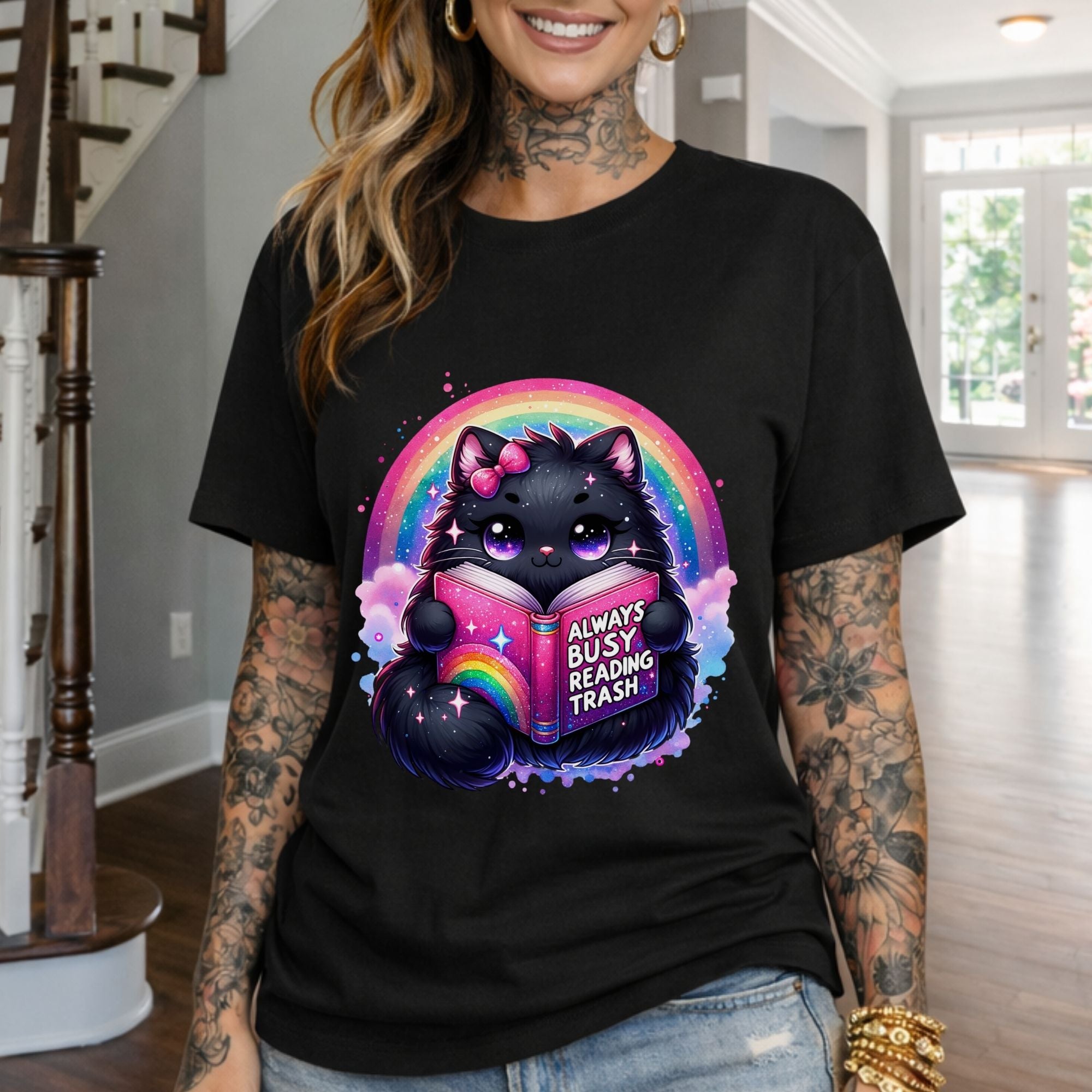 Cat Reading T-Shirt — "Always Busy Reading Trash" Cute Black Cat Rainbow Tee