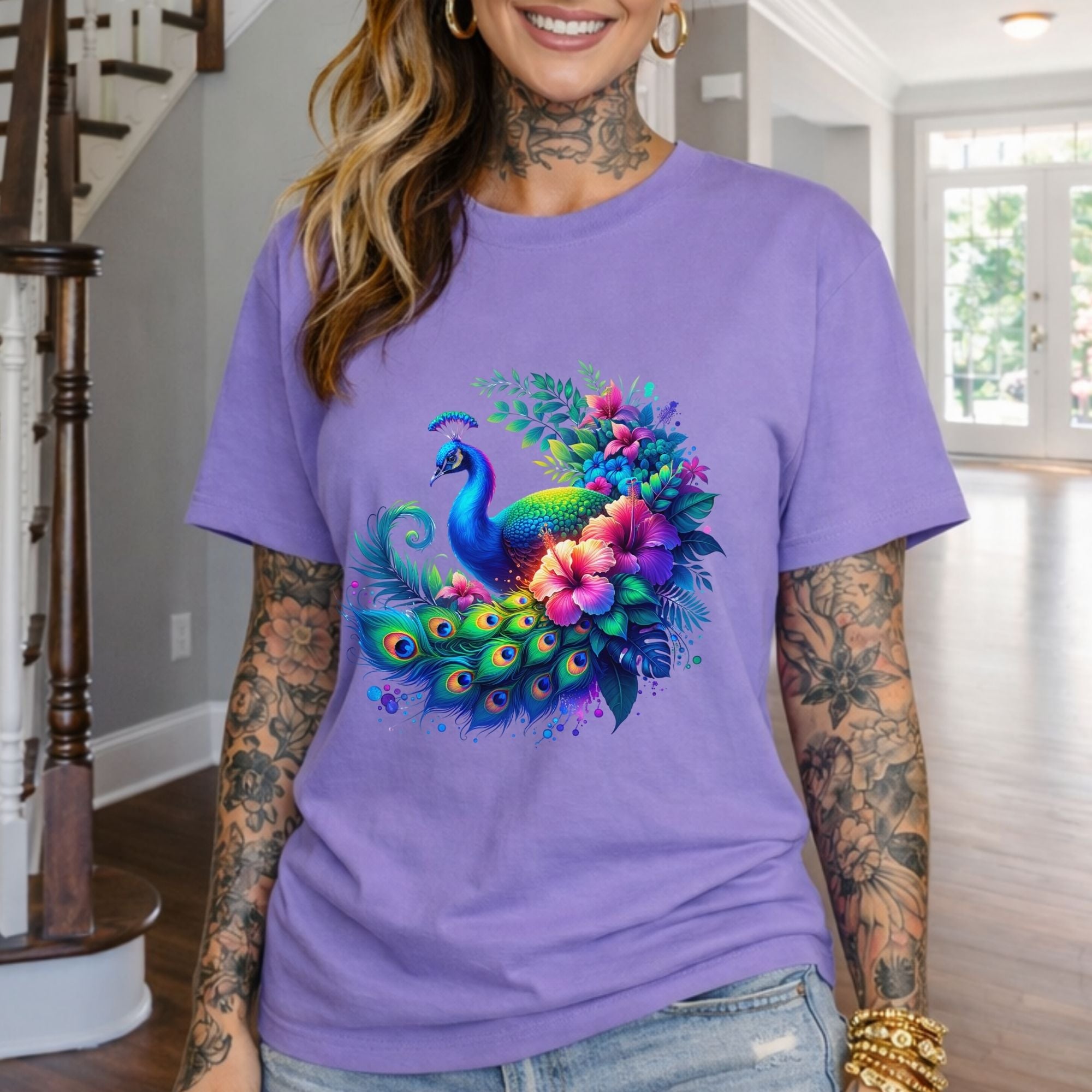 Peacock Floral T-Shirt — Vibrant Watercolor Peacock Tee