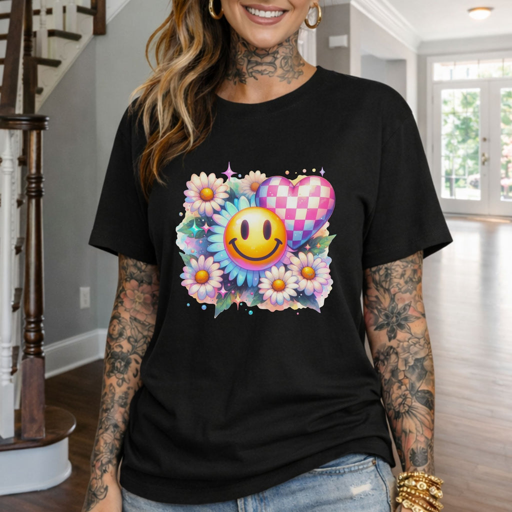 Happy Heart Smiley T-Shirt — Floral Checkerboard Graphic Tee