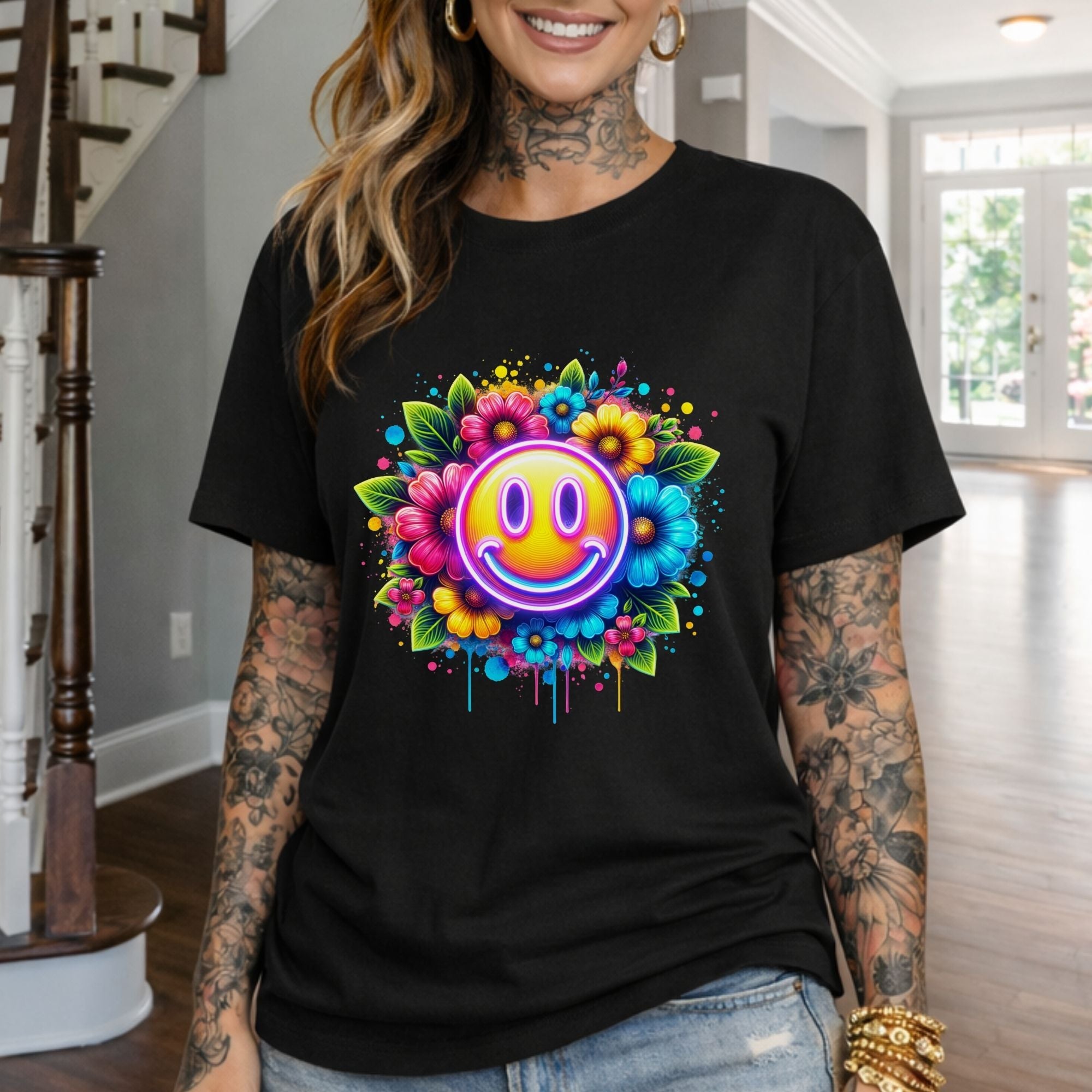 Smiley Flower T-Shirt — Colorful Neon Floral Smile Graphic Tee
