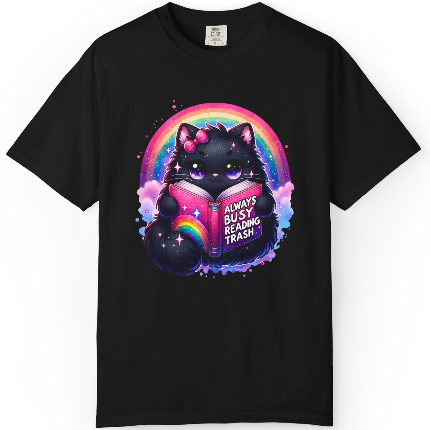 Cat Reading T-Shirt — "Always Busy Reading Trash" Cute Black Cat Rainbow Tee