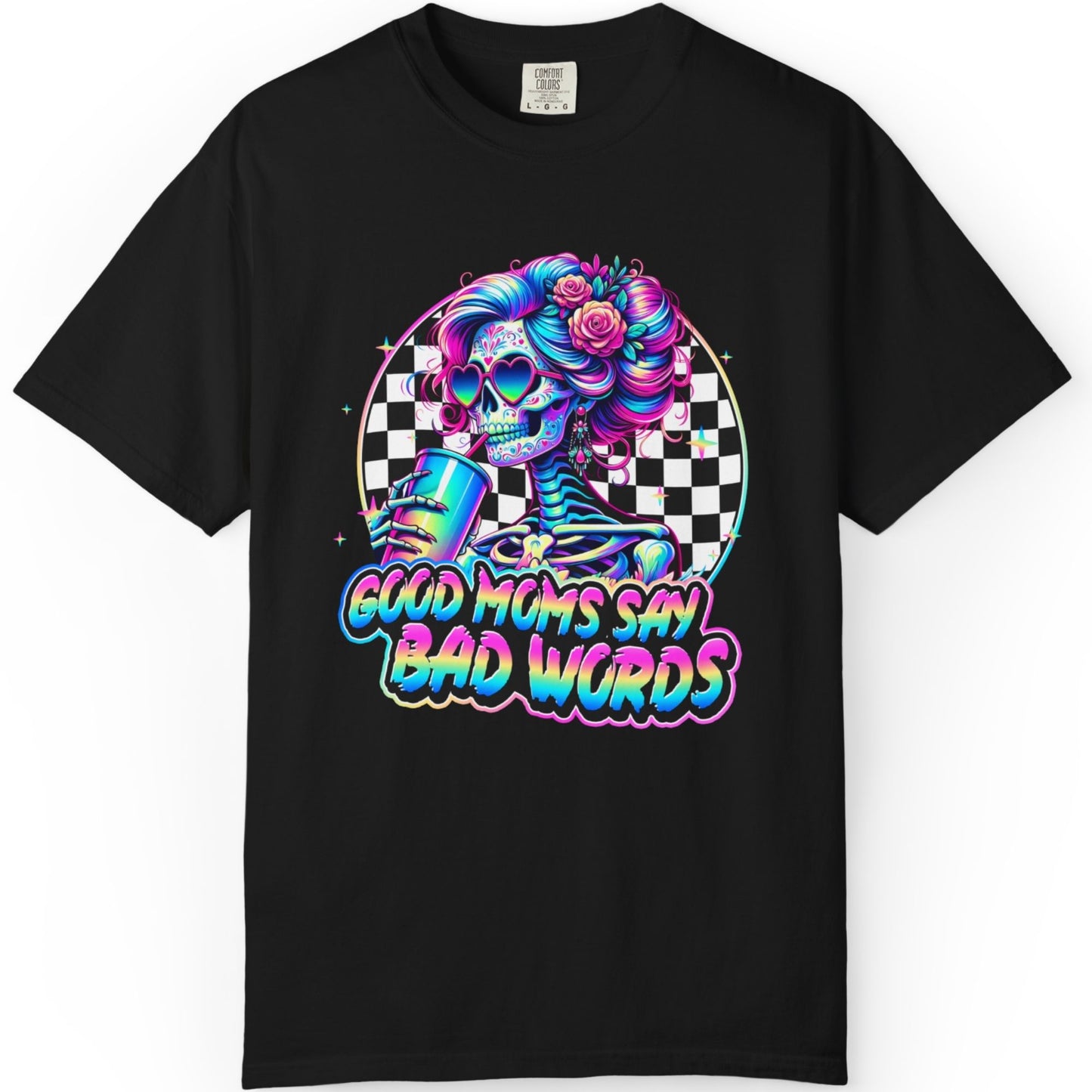 Bad Words Skull Tee — “Good Moms Say Bad Words” Retro Checkerboard T-Shirt