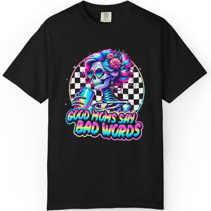 Bad Words Skull Tee — “Good Moms Say Bad Words” Retro Checkerboard T-Shirt
