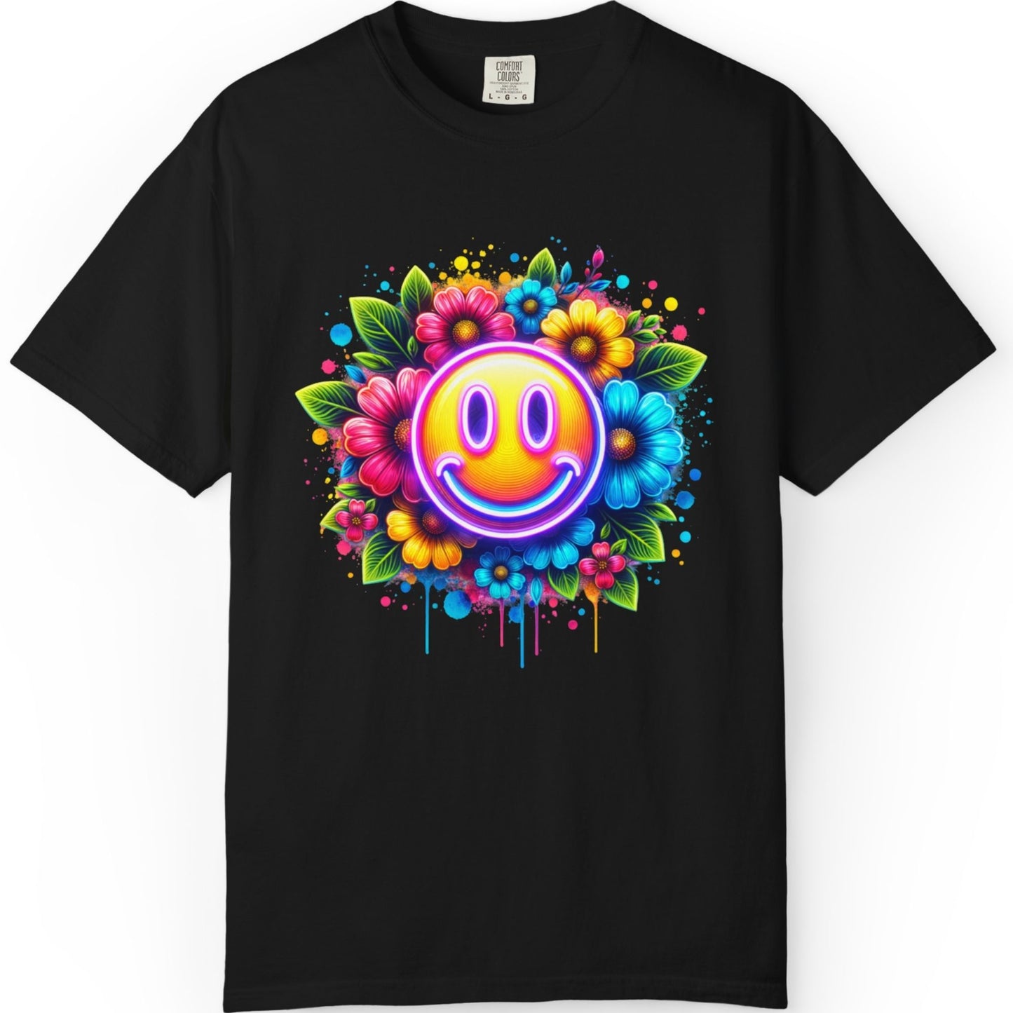 Smiley Flower T-Shirt — Colorful Neon Floral Smile Graphic Tee
