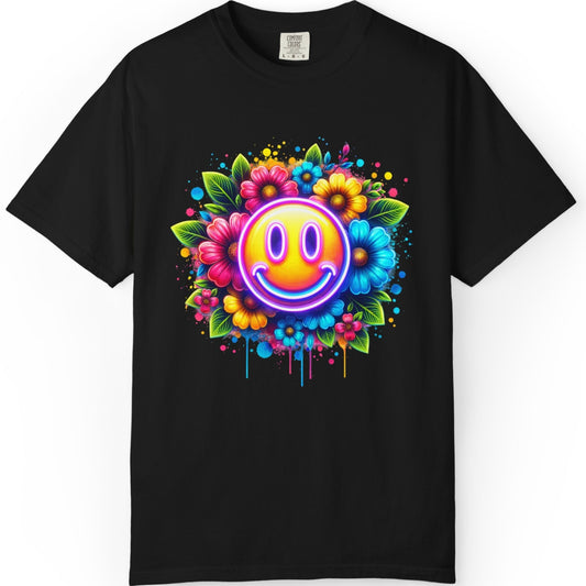 Smiley Flower T-Shirt — Colorful Neon Floral Smile Graphic Tee